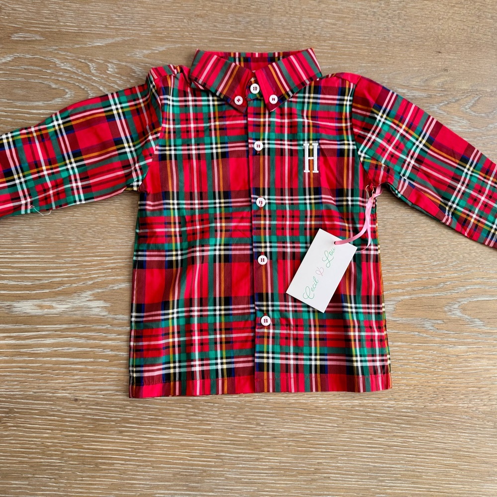 Cecil and Lou Plaid Button-Down Kids Shirt, Christmas, H monogram, 2T, nwt